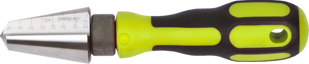 WOLFF_Dummy_87831_15807_Hole cutter_2025-08 En precisionsskruvmejsel med en metallisk konisk spets märkt med mått och ett ljust gult ergonomiskt handtag för bättre grepp.