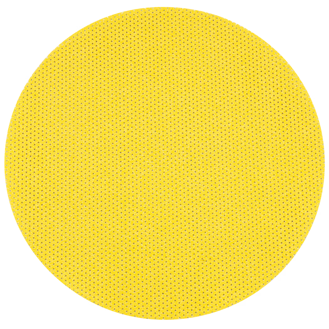 WOLFF_Dummy_40775, 40776, 40777, 70754, 40778, 40720, 40741, 40742, 40743, 40744, 40745, 40746, 40747, 40478, 40479_perforated pads_2025-08 En livlig, texturerad gul cirkel fylld med små perforeringar, vilket ger den en unik och visuellt engagerande yta.