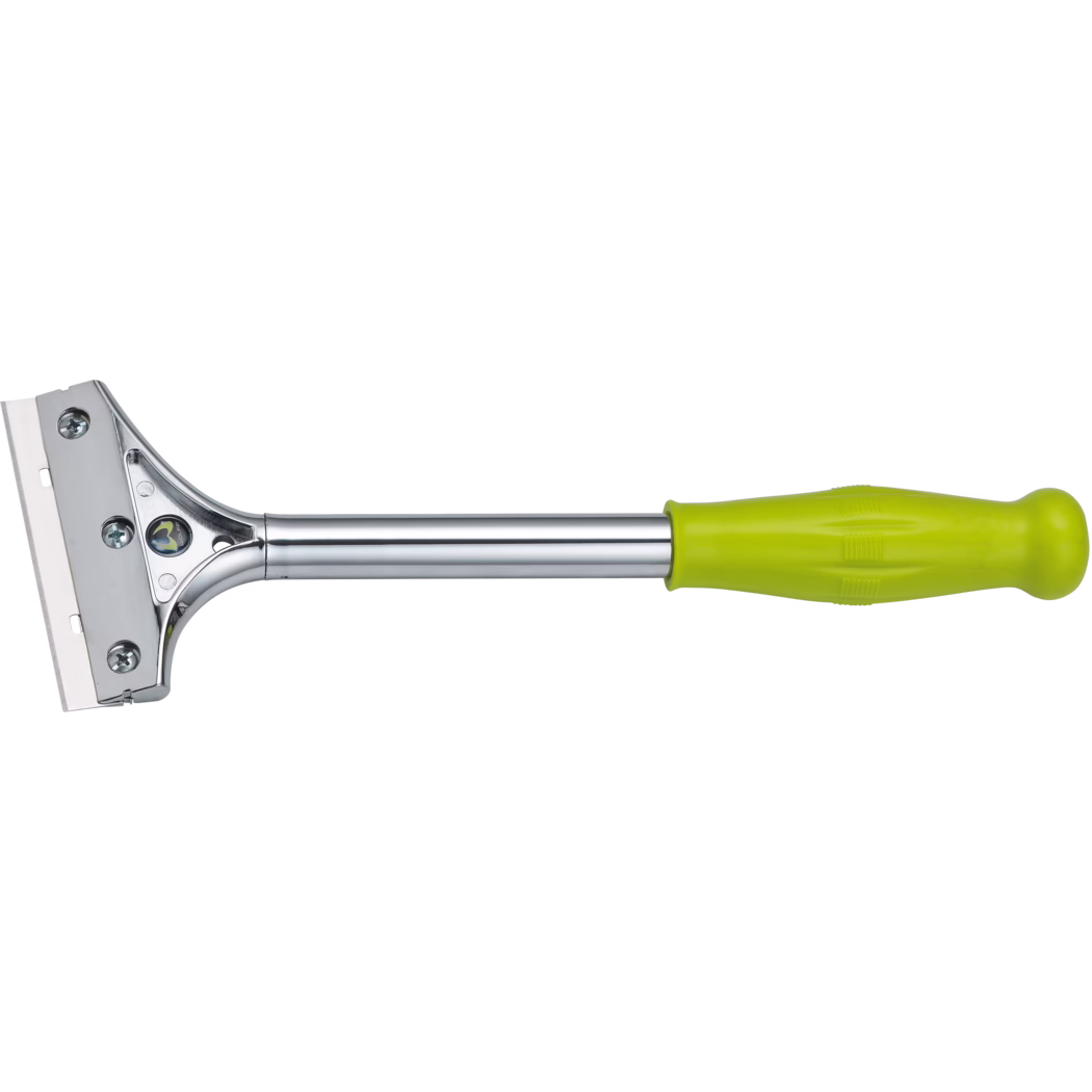 WOLFF_Dummy_51505_Hand Scraper_2025-08 En rostfri skrapa med ett grönt ergonomiskt handtag, utformad för effektiv rengöring. Skrapbladet är brett och vasst, perfekt för att ta bort svår smuts eller rester från ytor.