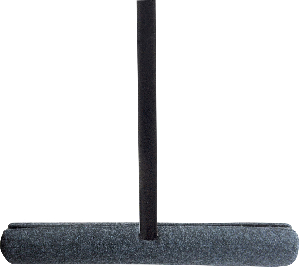 Närbild av en vertikal svart cylindrisk stång fäst vid en rektangulär mörkgrå filtbelagd bas; minimalistiskt stativ mot vit bakgrund.